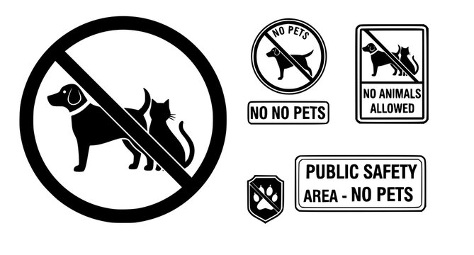 Professional signage collection featuring no pets allowed symbols and public safety area markers with clear iconography for pet restriction policies in public spaces or buildings