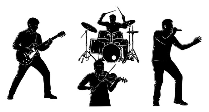 Dynamic black and white silhouette illustrations of a musical band featuring a guitarist drummer singer and violinist performing on stage for concert and music event marketing