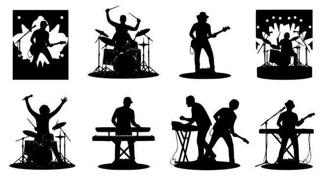 Artistic black silhouette collection of musical bands and individual performers on stage featuring drum kits keyboards electric guitars and various musicians for concert promotion
