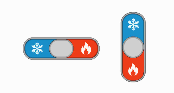 Modern ui toggle buttons for heating and cooling systems featuring blue snowflake and red fire icons for climate control app interface and smart home device design elements
