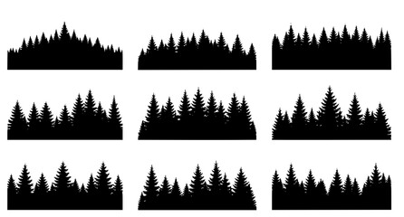 Set of black coniferous forest silhouettes on white background for nature design projects featuring various pine tree groupings and evergreen woodland landscape elements in vector style © aminul