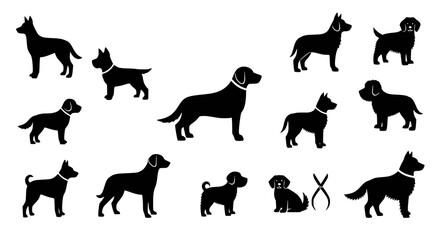 Obraz premium Assorted collection of black dog silhouettes in various breeds and poses on white background featuring canine companions for pet shop and veterinary clinic graphic design assets