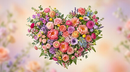 Obraz premium Colorful floral heart arrangement in soft natural light with delicate petals and blooms