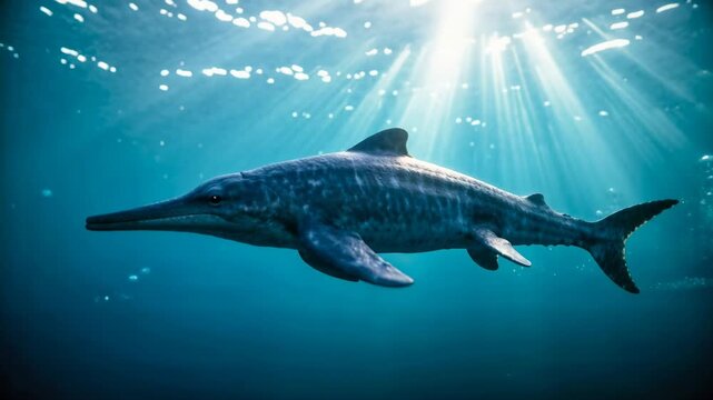 Ichthyosaurus swimming underwater in deep teal ocean water. Prehistoric marine reptile gliding through sunbeams. Ancient aquatic life concept