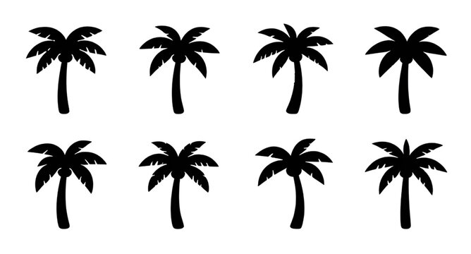 palmtree, silhouette, black, tropical, tree, island, beach, summer, exotic, nature, coconut, vacation, paradise, icon, vector, illustration, isolated