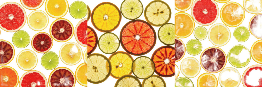 Citrus Fruit Slices Background Set: Vibrant Collection of Fresh Orange, Grapefruit, Lemon, and Lime Slices Isolated on White. Perfect for Healthy Food Design, Juice Advertising, Summer Patterns, and C