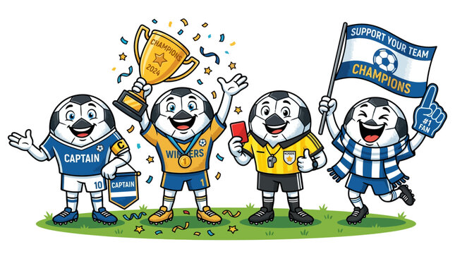 Cartoon characters celebrating sports victory together.