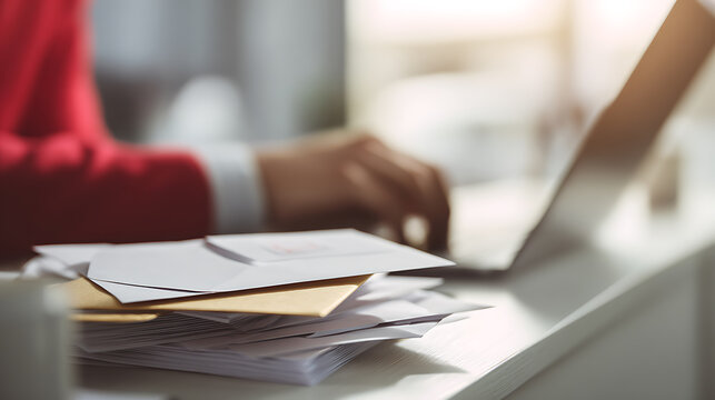 Professional worker manage finances and correspondence with laptop, stack of documents and financial statements on desk at bright office