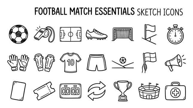Football Match Essentials Sketch Icons.