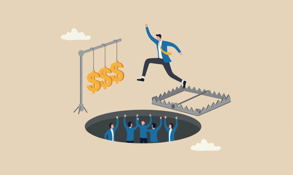 Financial money, together investment, ponzi scheme or business pitfall concept, businessman investor running and jumping into lore money pitfall or mouse trap with big money dollar sign bait