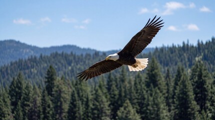 Majestic bald eagle soaring through the bright blue sky above a dense forest of evergreen pine trees in this detailed wildlife photograph capturing the powerful bird in graceful mid flight © PixelVistaStudio
