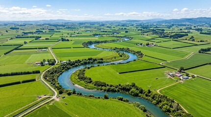 Fototapeta premium Aerial photo captures the winding river flowing through vibrant green agricultural fields in a rural landscape under a bright blue sky with soft white clouds on a sunny summer day.