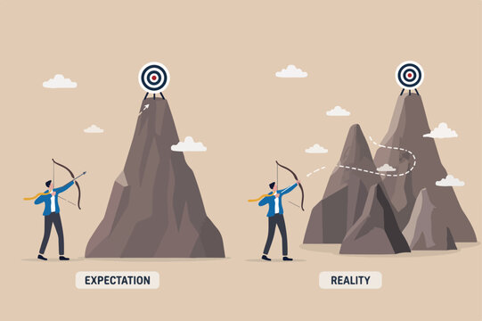 Expectation vs reality result, aim high standard or ambition to success and achieve goal, challenge or hope, motivation concept, businessman make an expectation and other hand as result line