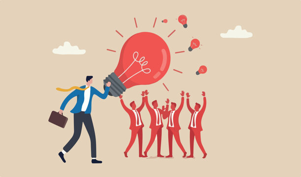 Think big, aspiration to win and success business idea creativity imagination team meeting red man over come concept smart businessman entrepreneur thinking big oversized idea lightbulb