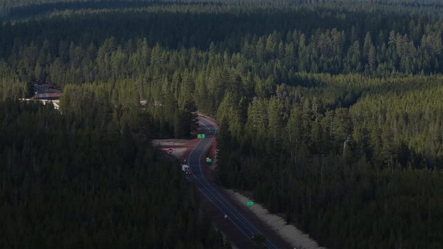 Aerial Oregon state highway 97 in Deschutes national forest near Bend Oregon in summer