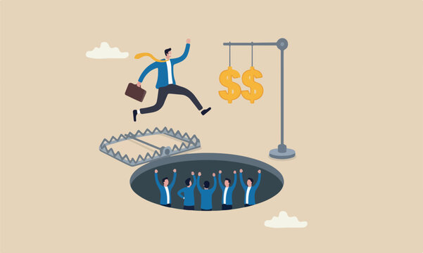 Financial money,pink together investment, ponzi scheme or business pitfall concept, businessman investor running and jumping into lore money pitfall or mouse trap with big money dollar sign bait
