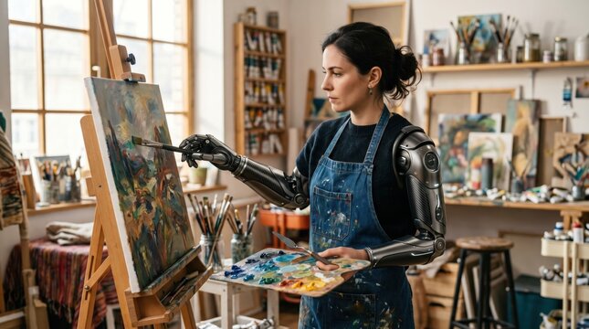 Female artist with a realistic bionic arm painting on a canvas in a sunlit art studio filled with supplies