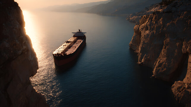 Massive cargo ship navigates a narrow waterway channel at sunrise, showcasing the impressive scale of global trade and maritime transport