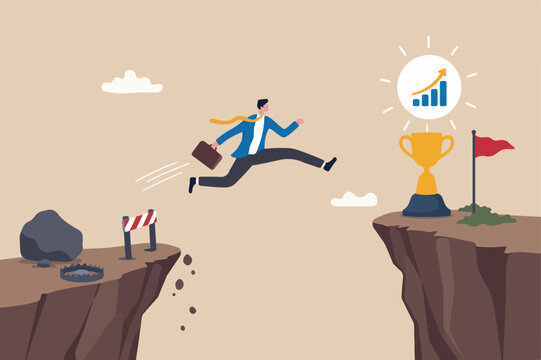 Business challenge, ambition to win competition or better than previous try, effort to achieve target or goal, overcome difficulty concept, businessman with briefcase long jump to winning new record