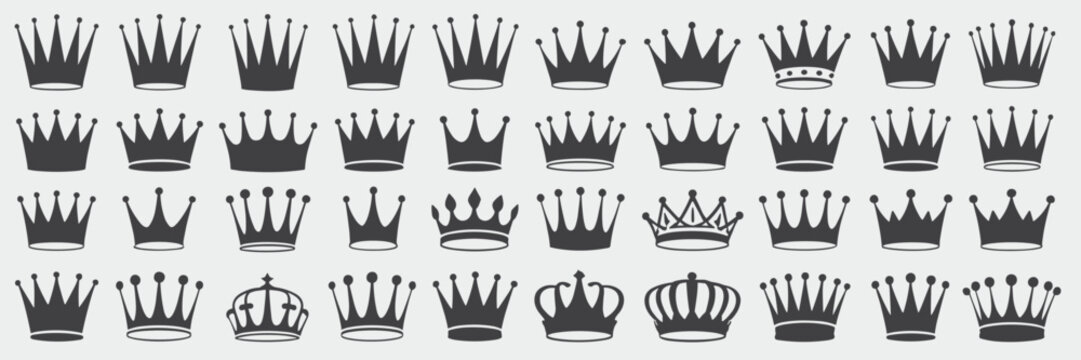 Collection of dark gray silhouette crowns on a light gray background royalty king queen