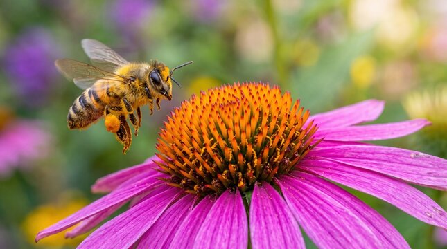 Close up photograph of a fuzzy honey bee hovering mid air while approaching a vibrant purple coneflower to collect golden pollen in a sunny garden filled with blooming summer flowers