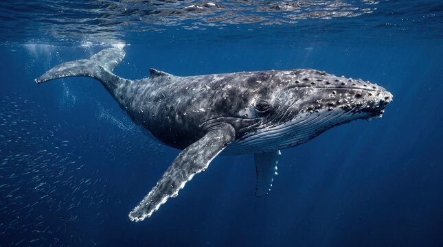 Majestic humpback whale swims gracefully through deep blue ocean waters in this stunning underwater photo capturing the gentle giant as it glides peacefully near the surface of the vast sea.