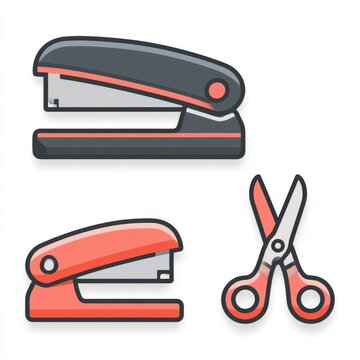 Stylized icons of staple and scissors arranged in a two-color scheme show practical office tools with a chunky and simple design for effective use.