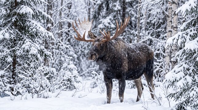 Majestic bull moose stands proudly within a serene winter forest landscape during a gentle snowfall in this high quality wildlife photograph capturing the powerful animal in its natural cold habitat
