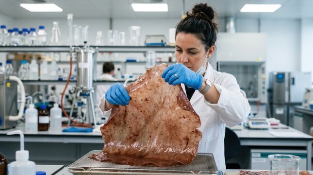 Female scientist examining large sheet of sustainable lab grown biomaterial in laboratory