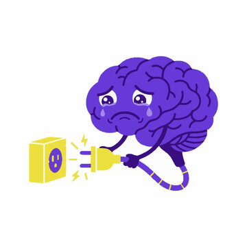 Crying purple brain character holding an electrical plug and attempting to connect it to a wall socket, with lightning bolts indicating a power connection.