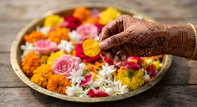 Hand with henna patterns holding a flower petal. Generative AI.