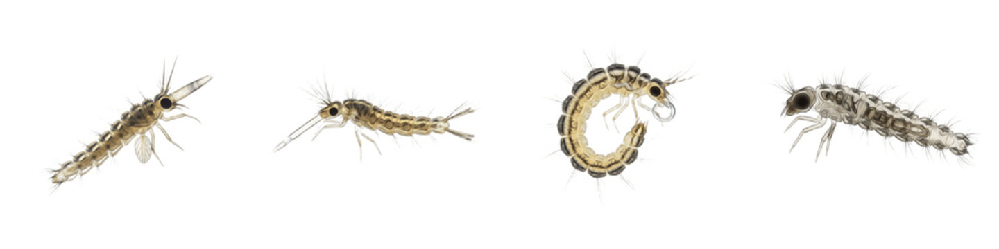 Set of Four Realistic Aquatic Larvae and Insects in Various Poses, Isolated Transparent Background PNG Collection for Biology, Science, and Freshwater Ecology Graphic Design Projects