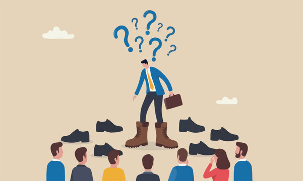 Work, in, together to fit job position, anticipation to be promoted, mistake or problem concept, frustrated businessman trying to put too big shoes