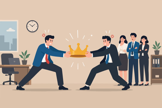 Staff conflict or employee argument, fighting for job promotion or jealousy colleague concept, angry coworker fighting by pulling golden crown metaphor of job promotion position