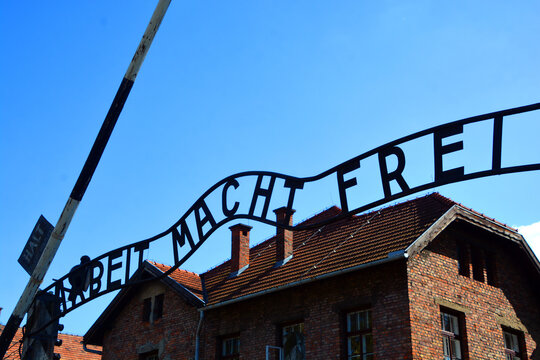 AUSCHWITZ BIRKENAU POLAND: Auschwitz concentration camp ARBEIT MACHT FREI sign was a network of German Nazi concentration camps and extermination camps built and operated by the Third Reich.