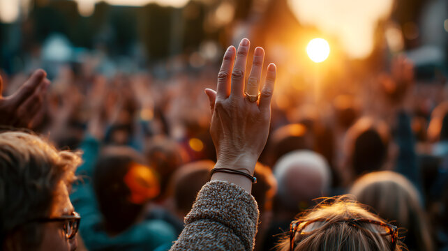 Crowd Raising Hands at Sunset