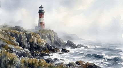 Obraz premium Watercolor Lighthouse on Rocky Coastline – Maritime Scene