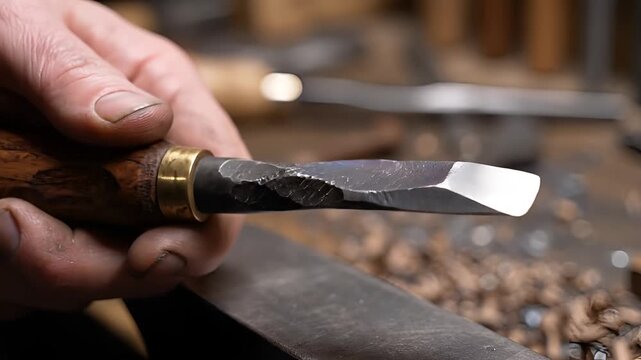 Closeup of a craftsmans hands sharpening a woodworking chisel.