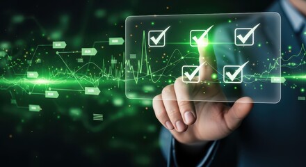Obraz premium Hand selecting sustainability icons on digital interface