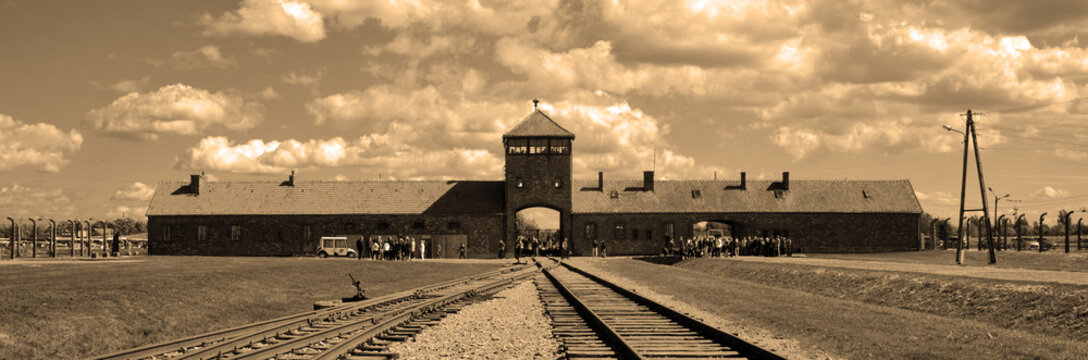 AUSCHWITZ BIRKENAU POLAND: Auschwitz concentration camp entrance was a network of German Nazi concentration camps and extermination camps built and operated by the Third Reich in Poland.