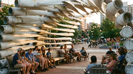 Obraz premium Community gathering under an architectural canopy constructed from recycled wind turbine blades