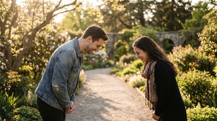 Fototapeta premium Smiling young man and woman respectfully greeting each other by bowing in sunny park
