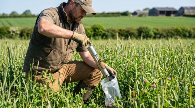 Male agronomist using metal corer probe to collect soil sample in green agricultural field