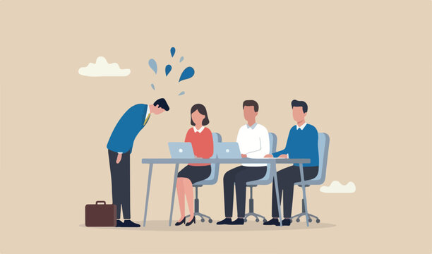 Apologize or say sorry, regret for what happen forgiveness, professional leadership mistake failure, pardon or feel sad concept, businessman team meeting bow down say sorry apologize