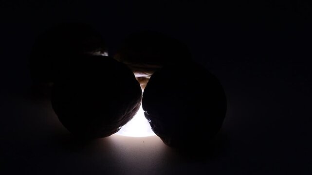 Walnuts are dramatically revealed from dark shadows into a bright studio setting. This clip highlights the nuts' natural texture and form.