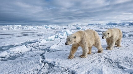 Majestic polar bear mother walks across the frozen arctic sea ice followed closely by her playful young cub in this stunning high quality nature photograph capturing a beautiful wild moment © PixelVistaStudio