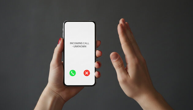 Hand holding a smartphone displaying an incoming call from an unknown number, with options to accept or decline, symbolizing communication and decision-making