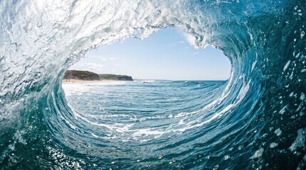 Large powerful ocean wave crashing forward creating a hollow barrel effect with a bright sunny blue sky seen through the center of the water tunnel in this stunning coastal photograph. © PixelVistaStudio