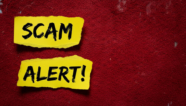 Yellow torn paper with bold black text "SCAM ALERT!" on a red textured background, symbolizing warning and caution against deception.
