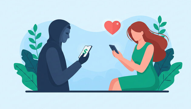 Illustration of a hooded figure with a dollar sign on phone and a woman with a heart, symbolizing online romance scams and financial deception